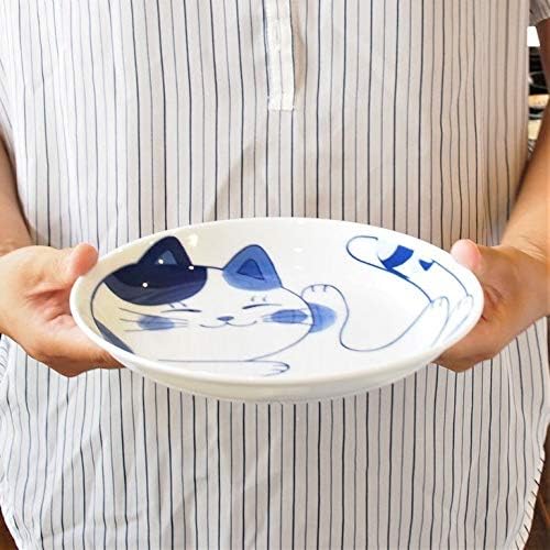 Mino Ware Japanese Pasta Bowl, Rice Soup Sarada Curry Rice, NEKOCHIGURA Cat Design, 7.9 inch, Mike