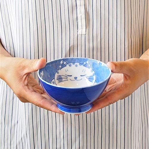 Mino Ware Japanese Rice Bowl, Rice Ramen Noodle Soup Sarada Pasta, NEKOCHIGURA Cat Design, 4.5 inch 9.2 fl oz, Tora