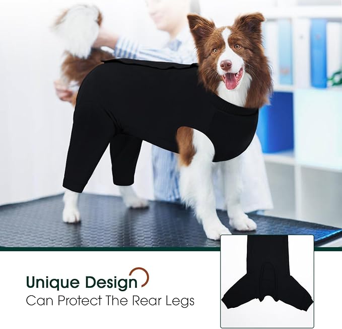 Kuoser Dog Surgery Suit Female Spay Male Neuter, Dog Leg Sleeve to Stop Licking Soft Dog Onesie for Abdominal Wound, Dog Recovery Suit Rear Leg Sleeves Pet Elbow Brace Protector, Black 3XL