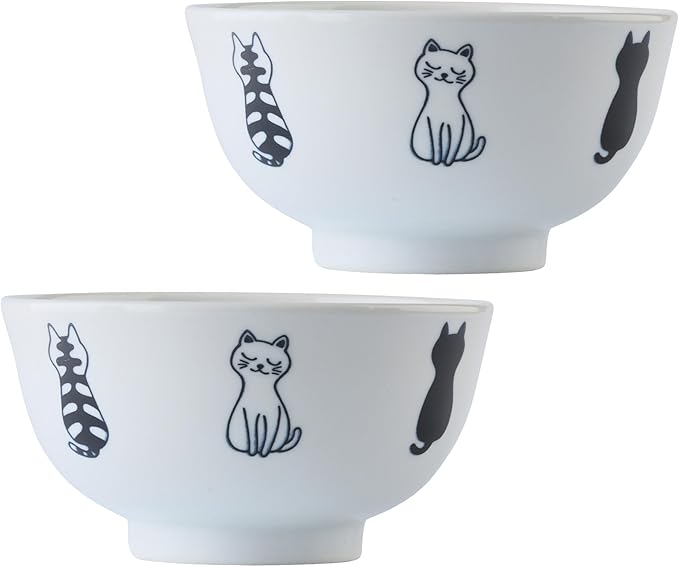 Japanese Cat Design Ceramic Donburi Bowls, Rice Bowls Set of 2