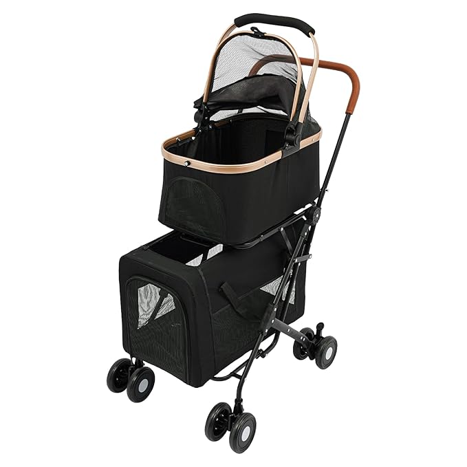 Double Pet Stroller for Dogs and Cats, Foldable Dog Stroller Travel Carriage with Detachable Carriers, Safety Belts, and 4 Lockable Wheels for Small to Medium Pets (Black)