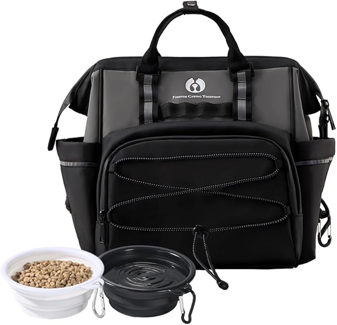 Dog Travel Bag, Airline Approved Pet Supplies Backpack, Dog Travel Backpack Accessories Set with 2 Silicone Collapsible Bowls and 1 Leash Clip for Camping, Road Trips & Weekends Away(Black)