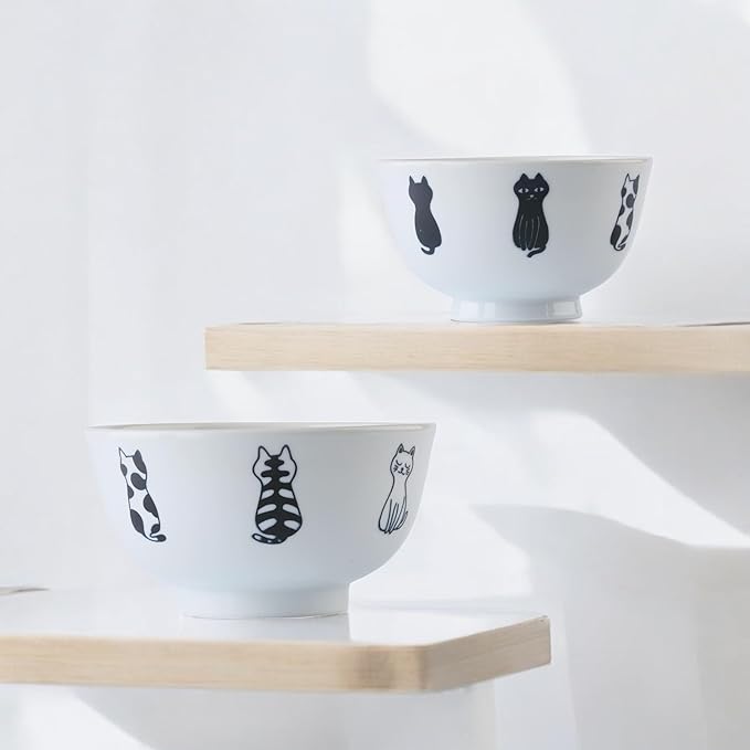 Japanese Cat Design Ceramic Donburi Bowls, Rice Bowls Set of 2