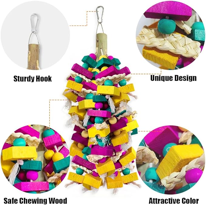 Large Bird Toys, Multi-Color Wooden Block with Bamboo Support Bird Chewing Toy Parrot Cage Bite Toy for Macaws Cokatoos African Grey and Large Medium Parrot Birds