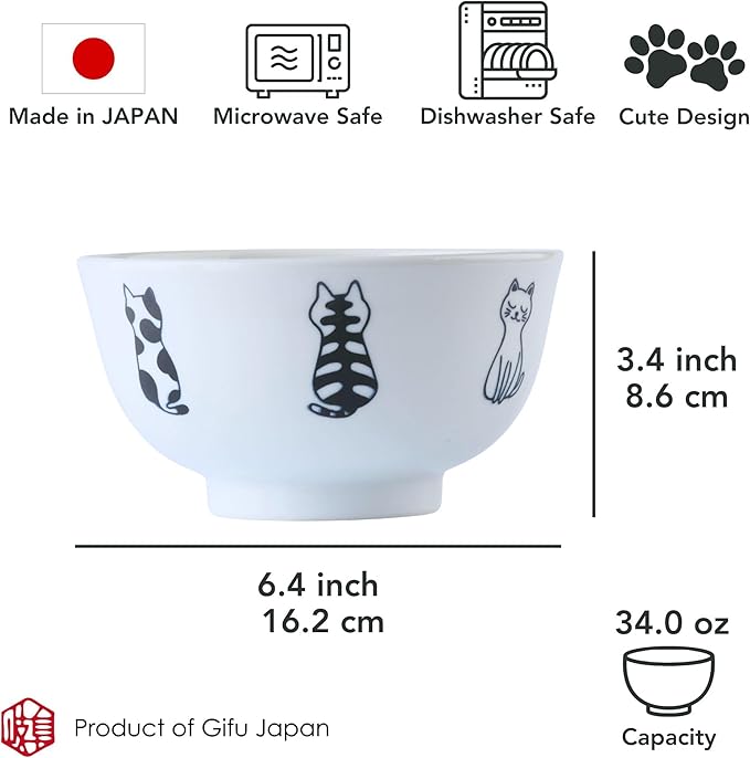 Japanese Cat Design Ceramic Donburi Bowls, Rice Bowls Set of 2