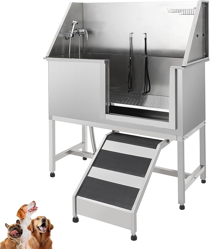 Stainless Steel Dog Washing Station - Dog Bath Tub for Large, Medium, Small Dogs, Pet Grooming Tub with Ramp, Non-Slip Grate, Shower, Soap Box, Faucet, Drain for Home & Outdoor (Right RAMP, 60")