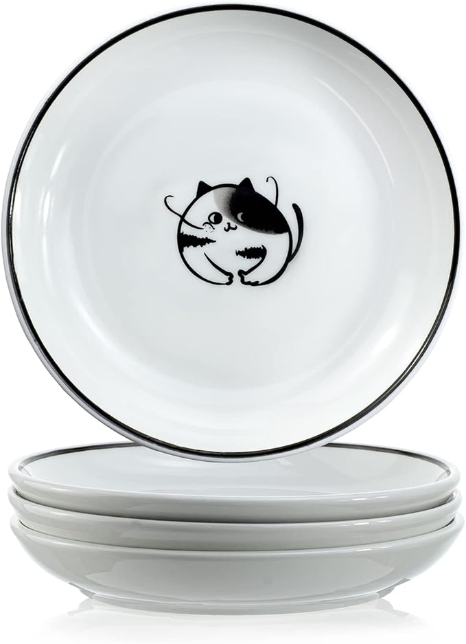 Cute Cartoon Dog Ceramic Seasoning Dishes Sauce Dish Sushi Dipping Bowl Appetizer Plates Tea Bag Holder Serving Dish for Kitchen 5'' (Cat)