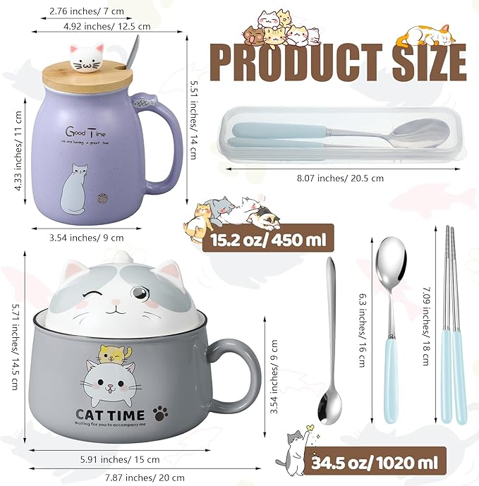 Set of 2 Ceramic Cat Mug and Ramen Bowl with Lid 15.2 oz Microwave Cat Coffee Cup 34.5 oz Ramen Bowl with Lid Chopsticks Spoon for Christmas Birthday Gifts(Gray, Purple)