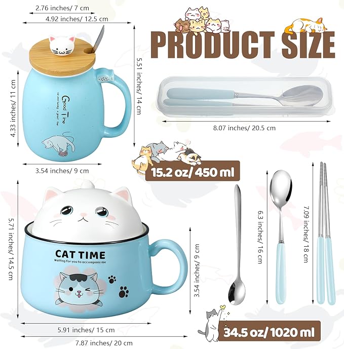 Set of 2 Ceramic Cat Mug and Ramen Bowl with Lid 15.2 oz Microwave Cat Coffee Cup 34.5 oz Ramen Bowl with Lid Chopsticks Spoon for Christmas Birthday Gifts(Blue)
