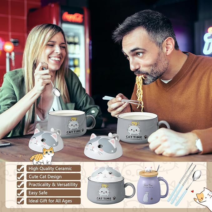 Set of 2 Ceramic Cat Mug and Ramen Bowl with Lid 15.2 oz Microwave Cat Coffee Cup 34.5 oz Ramen Bowl with Lid Chopsticks Spoon for Christmas Birthday Gifts(Gray, Purple)