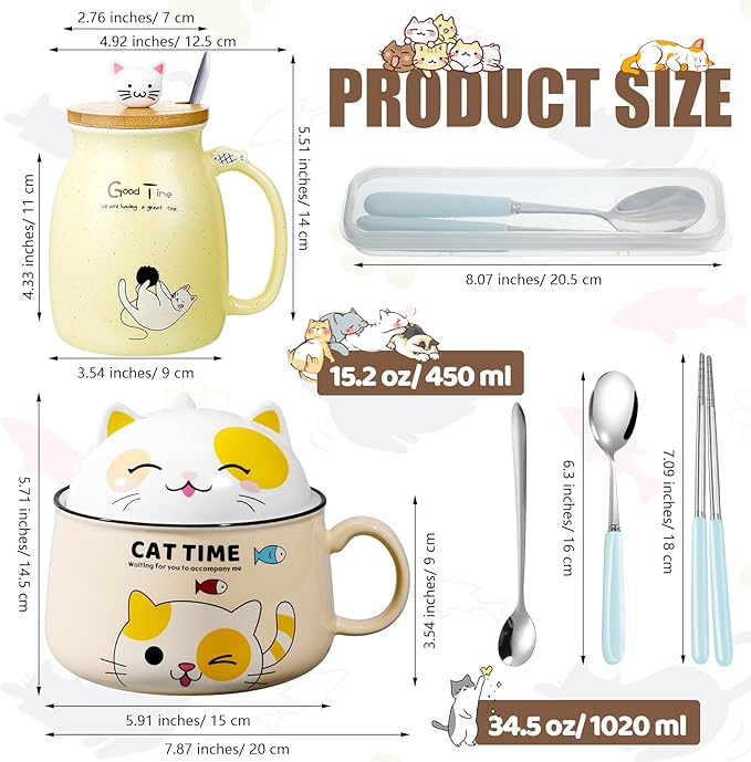 Set of 2 Ceramic Cat Mug and Ramen Bowl with Lid 15.2 oz Microwave Cat Coffee Cup 34.5 oz Ramen Bowl with Lid Chopsticks Spoon for Christmas Birthday Gifts(Yellow)