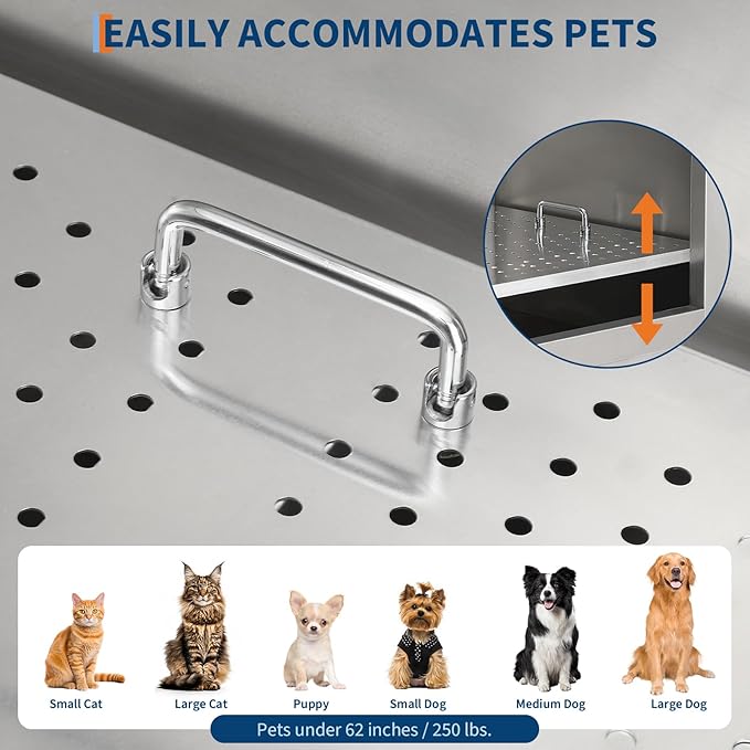 Stainless Steel Dog Washing Station - Dog Bath Tub for Large, Medium, Small Dogs, Pet Grooming Tub with Ramp, Non-Slip Grate, Shower, Soap Box, Faucet, Drain for Home & Outdoor (Right RAMP, 60")