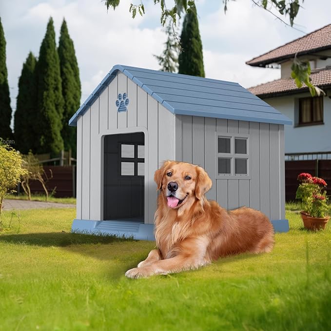 DRATO Dog House Indoor Outdoor for Small to Large Sized Dogs Indoor Outdoor Doghouse Puppy Shelter with Elevated Floor, Easy to Assemble (Blue, 31Inch(31.18 * 33.7 * 32.52))