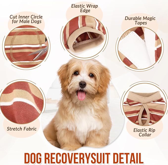 Lukovee Recovery Suit for Dogs, Onesie Surgery Recovery Suit for Female Male Dogs, Abdominal Wounds Cone E-Collar Alternative Prevent Licking Spay Recovery Suit (Brown Stripes,L)