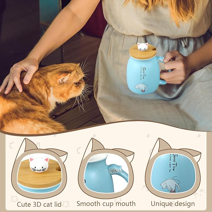 Set of 2 Ceramic Cat Mug and Ramen Bowl with Lid 15.2 oz Microwave Cat Coffee Cup 34.5 oz Ramen Bowl with Lid Chopsticks Spoon for Christmas Birthday Gifts(Blue)