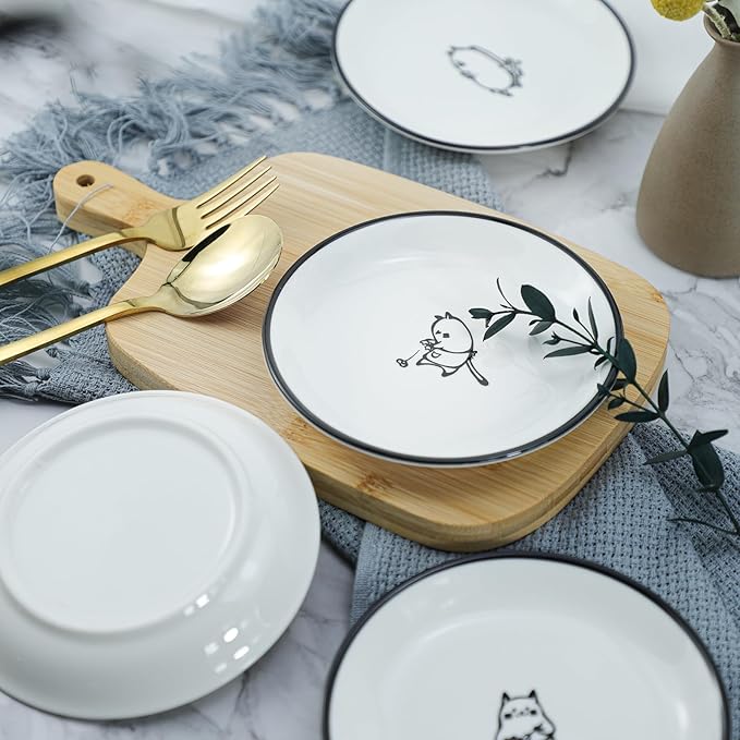 Cute Cartoon Chef Cat Ceramic Seasoning Dishes Sauce Dish Sushi Dipping Bowl Appetizer Plates Tea Bag Holder Serving Dish for Kitchen, 5 Inch, Set of 4