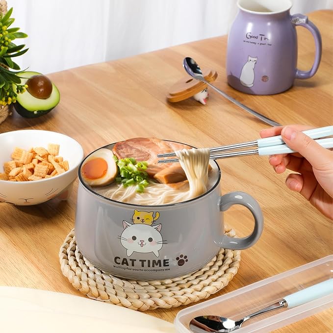 Set of 2 Ceramic Cat Mug and Ramen Bowl with Lid 15.2 oz Microwave Cat Coffee Cup 34.5 oz Ramen Bowl with Lid Chopsticks Spoon for Christmas Birthday Gifts(Gray, Purple)