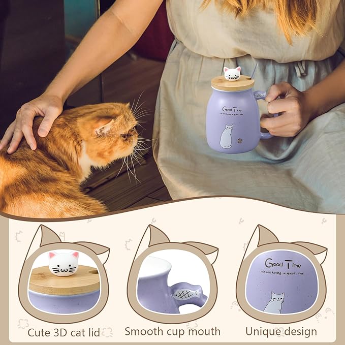 Set of 2 Ceramic Cat Mug and Ramen Bowl with Lid 15.2 oz Microwave Cat Coffee Cup 34.5 oz Ramen Bowl with Lid Chopsticks Spoon for Christmas Birthday Gifts(Gray, Purple)