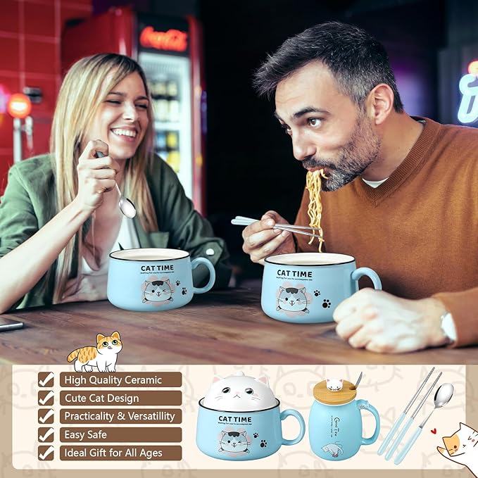 Set of 2 Ceramic Cat Mug and Ramen Bowl with Lid 15.2 oz Microwave Cat Coffee Cup 34.5 oz Ramen Bowl with Lid Chopsticks Spoon for Christmas Birthday Gifts(Blue)