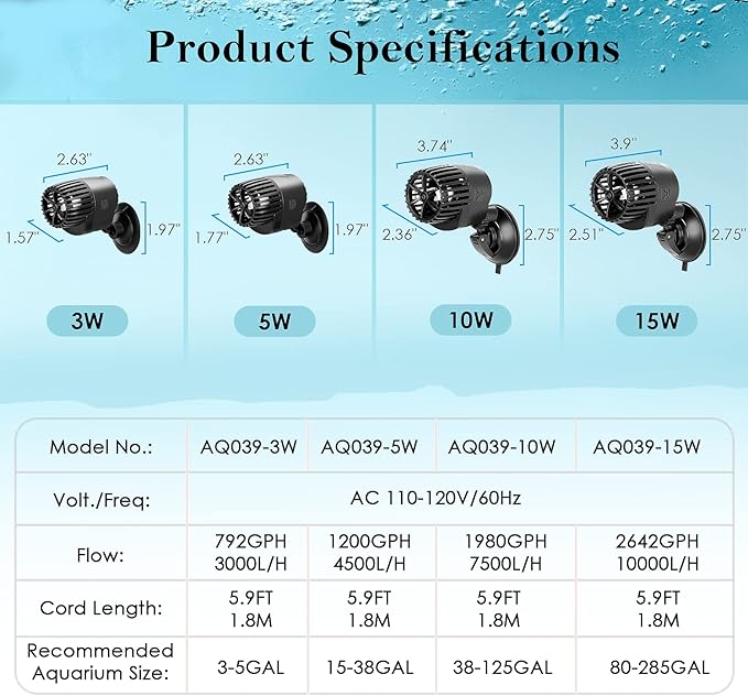 AQQA Aquarium Wave Maker,3W/5W/10W/15W Suction Cup Fish Tank Single Powerhead Pump,110V/60Hz Ultra Quiet Submersible Circulation Pump,360°Adjustable For Freshwater Saltwater Black