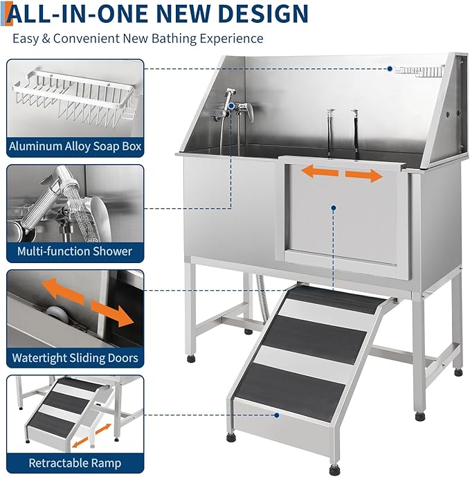 Stainless Steel Dog Washing Station - Dog Bath Tub for Large, Medium, Small Dogs, Pet Grooming Tub with Ramp, Non-Slip Grate, Shower, Soap Box, Faucet, Drain for Home & Outdoor (Right RAMP, 60")