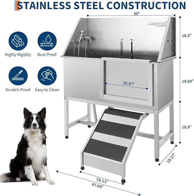 Stainless Steel Dog Washing Station - Dog Bath Tub for Large, Medium, Small Dogs, Pet Grooming Tub with Ramp, Non-Slip Grate, Shower, Soap Box, Faucet, Drain for Home & Outdoor (Right RAMP, 60")