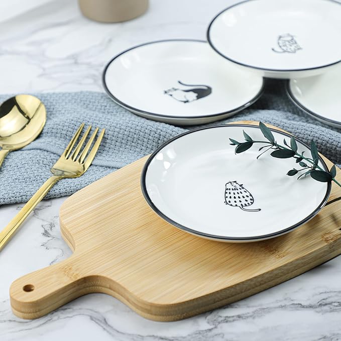 Cute Cartoon Gentleman and Dot Cat Ceramic Seasoning Dishes Sauce Dish Sushi Dipping Bowl Appetizer Plates Tea Bag Holder Serving Dish for Kitchen 5 Inch, Set of 4