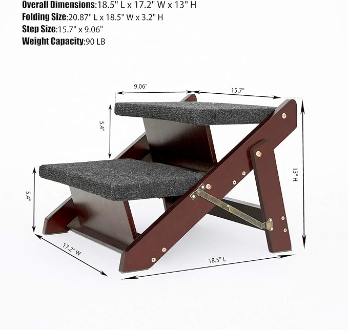MEWANG Wooden Pet Stairs/Pet Steps - 2-in-1 Foldable Stairs & Ramp for Beds and Cars - Portable Dog/Cat Ladder Up to 110 Pounds