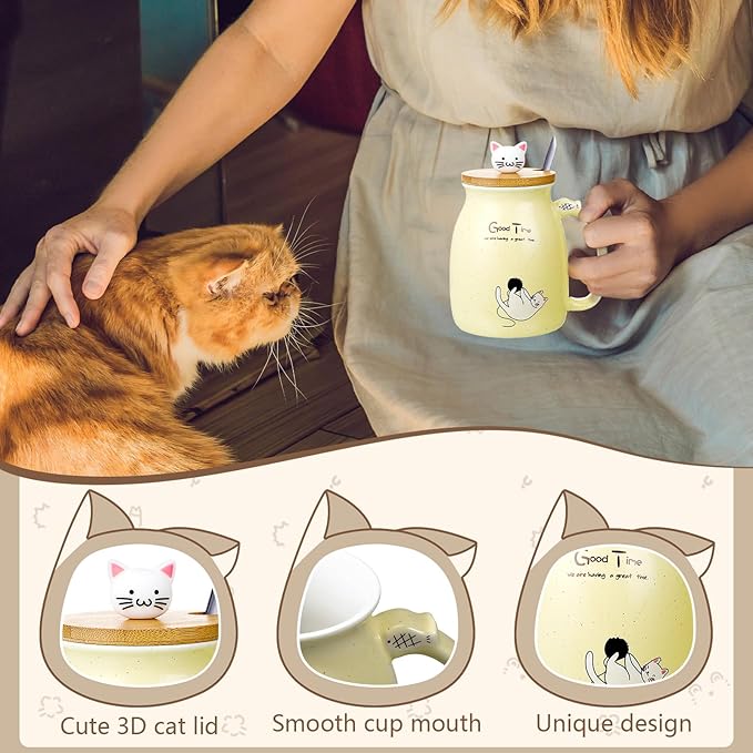 Set of 2 Ceramic Cat Mug and Ramen Bowl with Lid 15.2 oz Microwave Cat Coffee Cup 34.5 oz Ramen Bowl with Lid Chopsticks Spoon for Christmas Birthday Gifts(Yellow)
