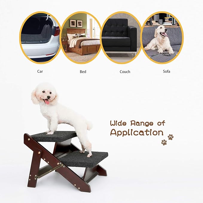 MEWANG Wooden Pet Stairs/Pet Steps - 2-in-1 Foldable Stairs & Ramp for Beds and Cars - Portable Dog/Cat Ladder Up to 110 Pounds
