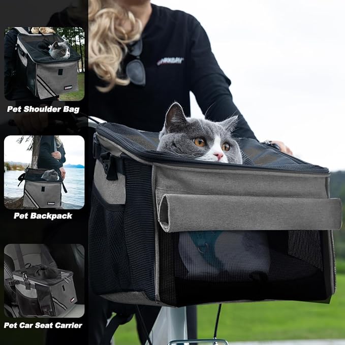 Pet Carrier Bicycle Basket Bag Pet Carrier/Booster Backpack for Dogs and Cats with Big Side Pockets,Comfy & Padded Shoulder Strap,Travel with Your Pet Safety(Titanium)