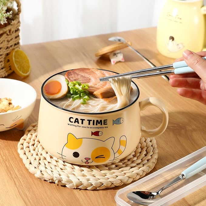Set of 2 Ceramic Cat Mug and Ramen Bowl with Lid 15.2 oz Microwave Cat Coffee Cup 34.5 oz Ramen Bowl with Lid Chopsticks Spoon for Christmas Birthday Gifts(Yellow)