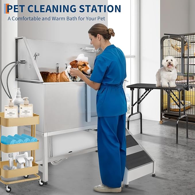 Stainless Steel Dog Washing Station - Dog Bath Tub for Large, Medium, Small Dogs, Pet Grooming Tub with Ramp, Non-Slip Grate, Shower, Soap Box, Faucet, Drain for Home & Outdoor (Right RAMP, 60")