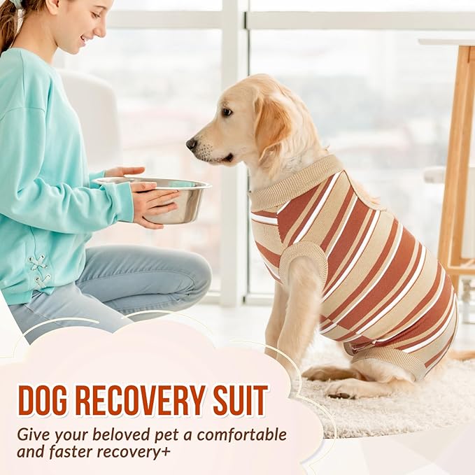 Lukovee Recovery Suit for Dogs, Onesie Surgery Recovery Suit for Female Male Dogs, Abdominal Wounds Cone E-Collar Alternative Prevent Licking Spay Recovery Suit (Brown Stripes,L)