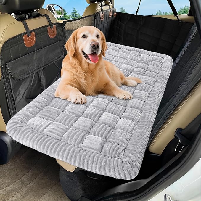 Dog Car Bed Mat, Non-Slip Backseat Extender Pet Blanket, Plaid Dog Bed for Trucks, Sedans & Large SUVs, Chew-Resistant Travel Pad for Dogs, Easy Clean & Scratch-Proof & Comfort(56"x28.7" Light Gray