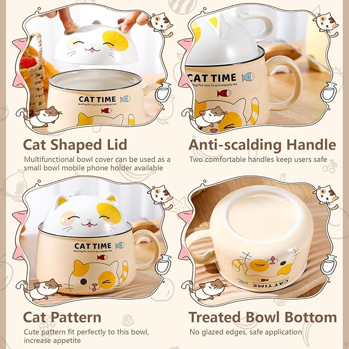 Set of 2 Ceramic Cat Mug and Ramen Bowl with Lid 15.2 oz Microwave Cat Coffee Cup 34.5 oz Ramen Bowl with Lid Chopsticks Spoon for Christmas Birthday Gifts(Yellow)