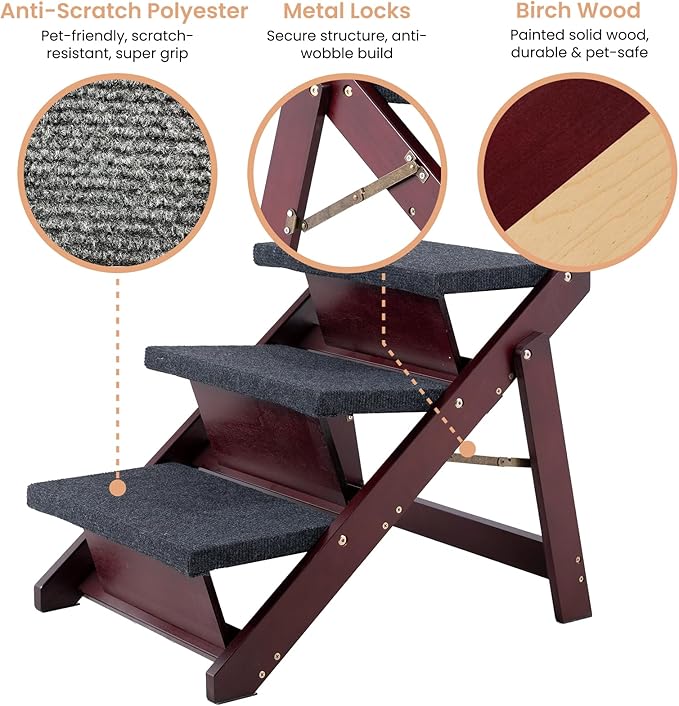 MEWANG Wooden Pet Stairs/Pet Steps - 3-in-1 Foldable Stairs & Ramp for Beds and Cars - Portable Dog/Cat Ladder Up to 220 Pounds - Great for Small and Older Animals(Brown) (24.8" L x 17.2" W x 19.5" H)