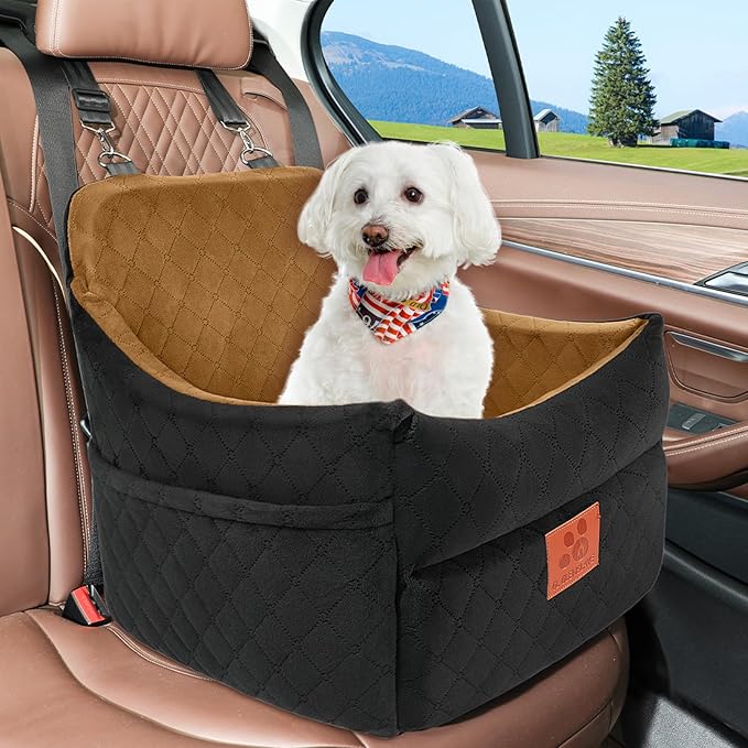 Dog Car Seat for Small/Medium Dogs, Dog Booster Car Seats with Thick Cushion for Dogs Under 35lbs, Detachable Washable Pet Car Seat with Storage Pockets, 2 Safety Belts(Black/Coffee)