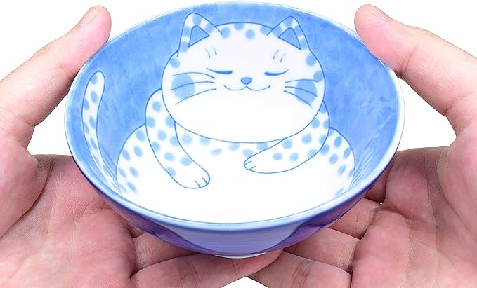 Mino Ware Japanese Rice Bowl, Rice Ramen Noodle Soup Sarada Pasta, NEKOCHIGURA Cat Design, 4.5 inch 9.2 fl oz, Buchi