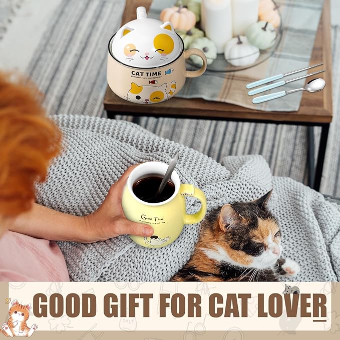 Set of 2 Ceramic Cat Mug and Ramen Bowl with Lid 15.2 oz Microwave Cat Coffee Cup 34.5 oz Ramen Bowl with Lid Chopsticks Spoon for Christmas Birthday Gifts(Yellow)