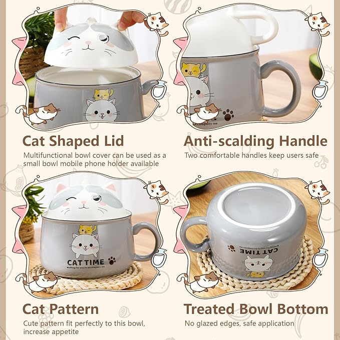 Set of 2 Ceramic Cat Mug and Ramen Bowl with Lid 15.2 oz Microwave Cat Coffee Cup 34.5 oz Ramen Bowl with Lid Chopsticks Spoon for Christmas Birthday Gifts(Gray, Purple)