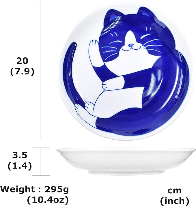 Mino Ware Japanese Pasta Bowl, Rice Soup Sarada Curry Rice, NEKOCHIGURA Cat Design, 7.9 inch, Hachiware