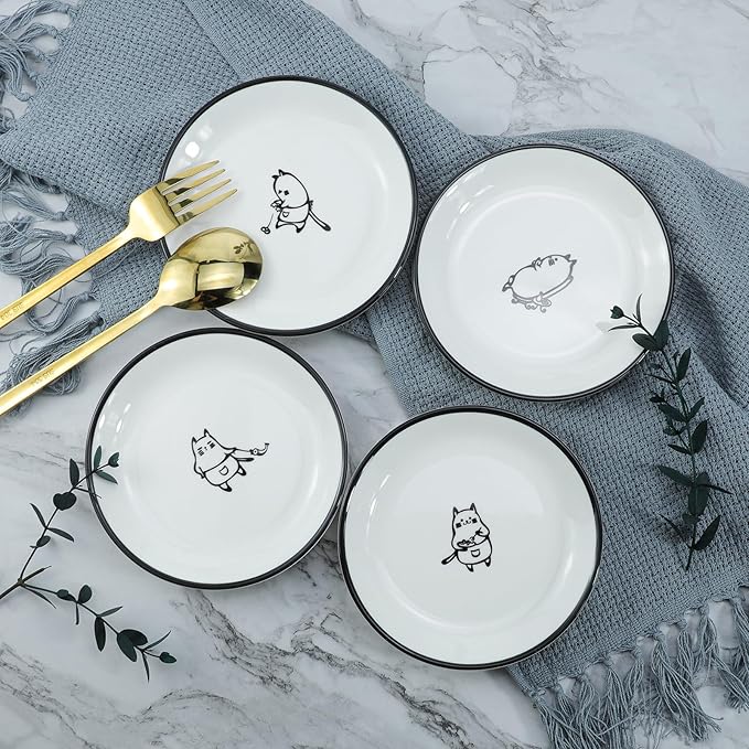 Cute Cartoon Chef Cat Ceramic Seasoning Dishes Sauce Dish Sushi Dipping Bowl Appetizer Plates Tea Bag Holder Serving Dish for Kitchen, 5 Inch, Set of 4