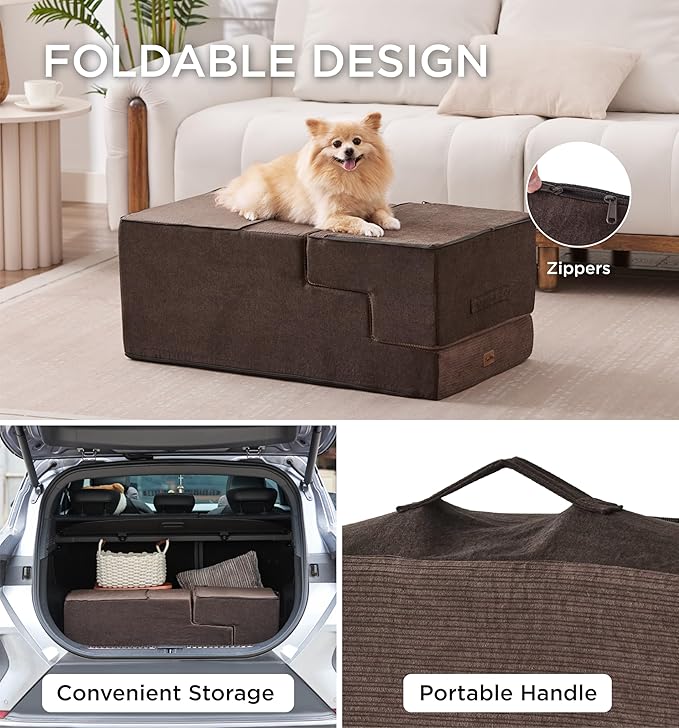 Made4Pets Dog Stairs for High Bed, Extra Wide Pet Stairs for Bed Couch Sofa, 35D Foam Pet Steps for Small Dogs and Cats, Non-Slip Bottom Dog Steps, Brown, 5 Steps
