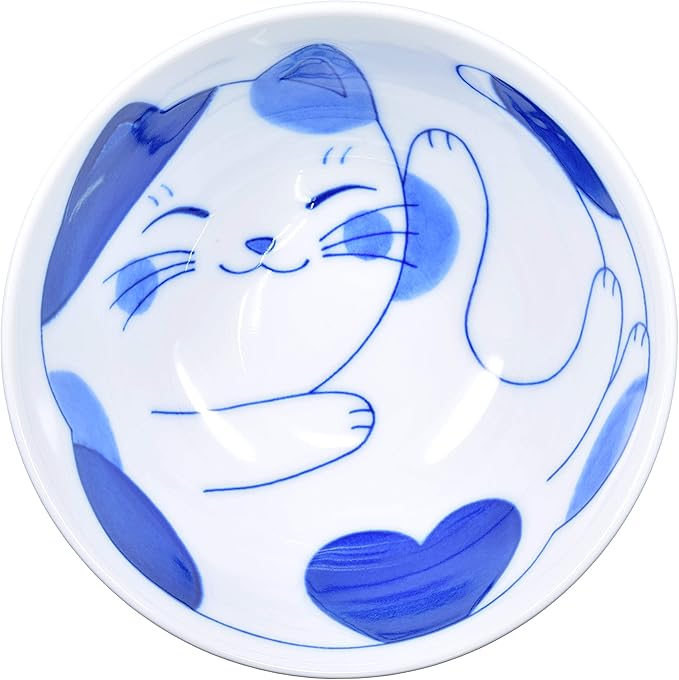 Mino Ware Japanese Rice Bowl, Rice Ramen Noodle Soup Sarada Pasta, NEKOCHIGURA Cat Design, 4.5 inch 9.2 fl oz, Mike
