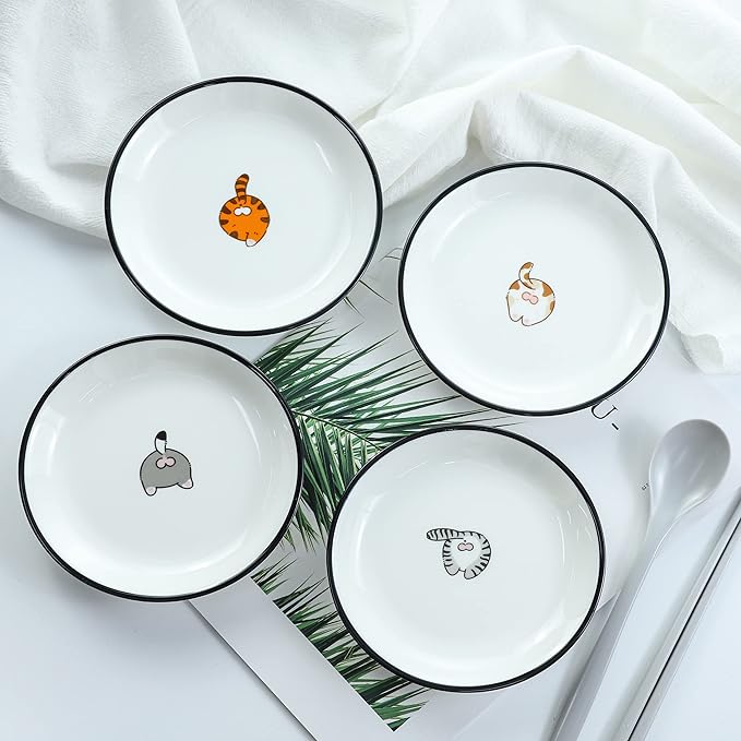 Cute Funny Cat Butts Ceramic Seasoning Dishes Sauce Dish Sushi Dipping Bowl Appetizer Plates Tea Bag Holder Serving Dish for Kitchen, 5 Inch, Set of 4