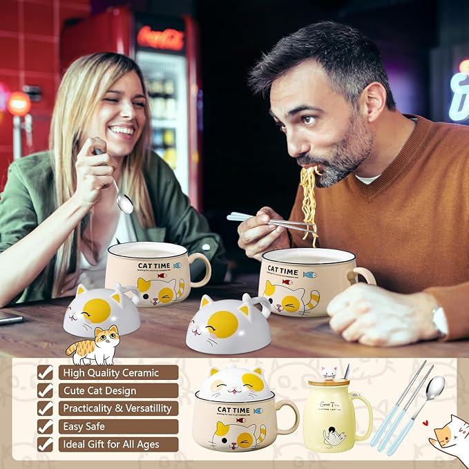 Set of 2 Ceramic Cat Mug and Ramen Bowl with Lid 15.2 oz Microwave Cat Coffee Cup 34.5 oz Ramen Bowl with Lid Chopsticks Spoon for Christmas Birthday Gifts(Yellow)