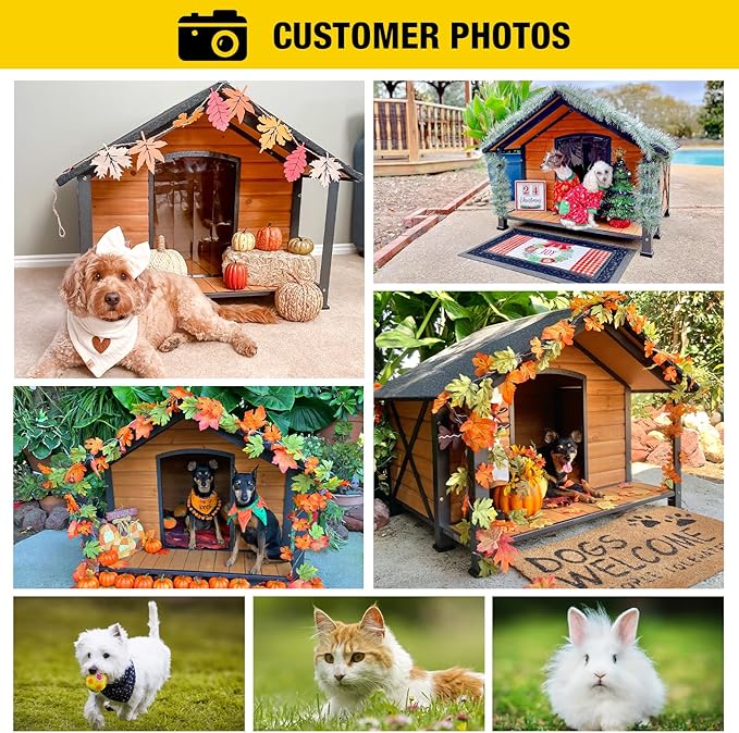 Aivituvin Dog House with Insulated Liner Outdoor All-Around Iron Frame Dog Kennel Outside with Overhang Roof Large Porch Weatherproof