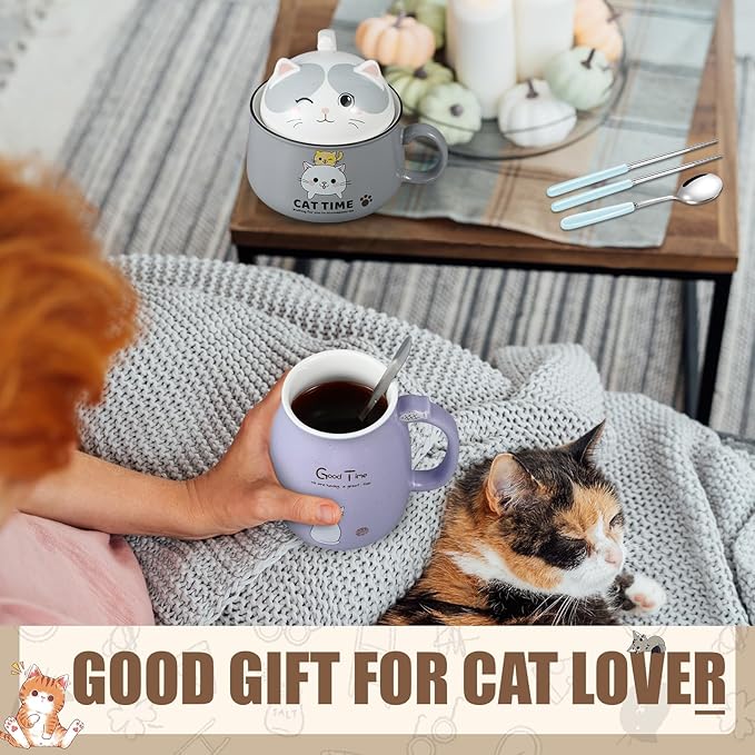 Set of 2 Ceramic Cat Mug and Ramen Bowl with Lid 15.2 oz Microwave Cat Coffee Cup 34.5 oz Ramen Bowl with Lid Chopsticks Spoon for Christmas Birthday Gifts(Gray, Purple)