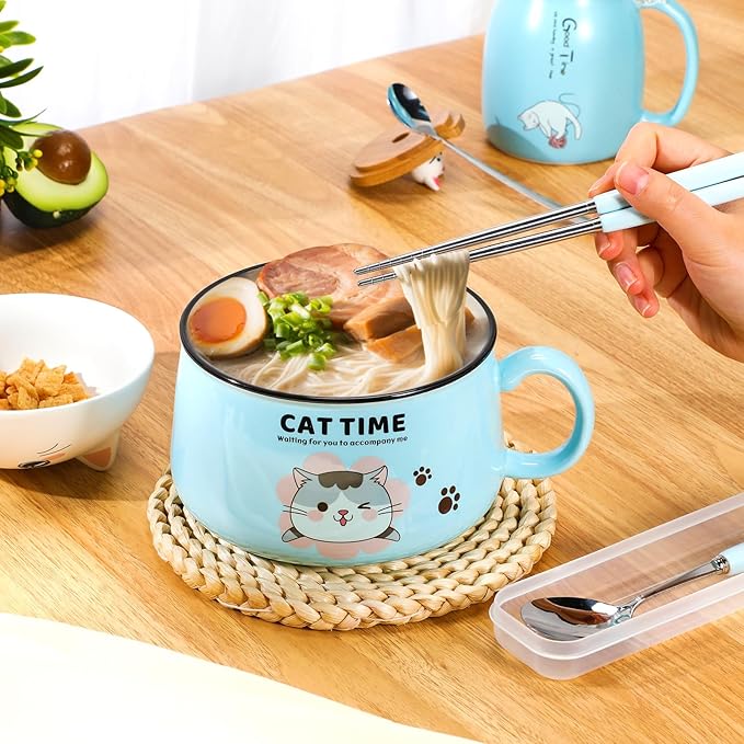 Set of 2 Ceramic Cat Mug and Ramen Bowl with Lid 15.2 oz Microwave Cat Coffee Cup 34.5 oz Ramen Bowl with Lid Chopsticks Spoon for Christmas Birthday Gifts(Blue)